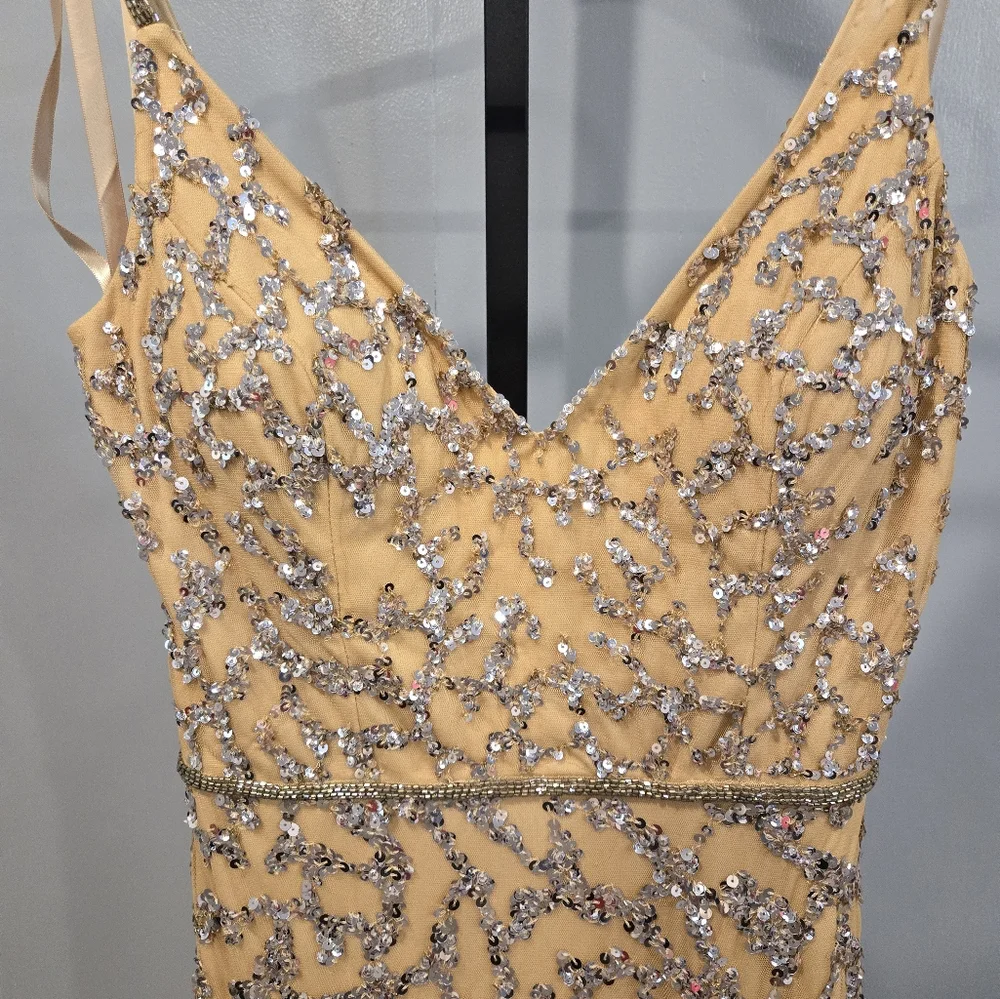 NEW‎ Mac Duggal SLEEVELESS V-NECK BEADED COLUMN GOWN NUDE 5481